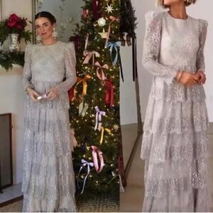 ANTONIO MELANI Elegant Silver Lace Long Sleeve Dress